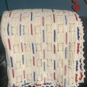 Handmade Crochet Blanket with Red and Blue Accents